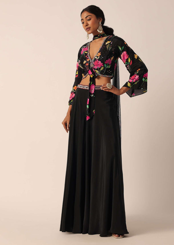 Black Indo Fusion Floral Print Blouse And Palazzo Set