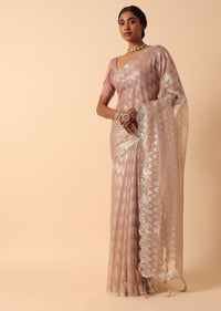 Pink Organza Foil Printed Saree With Unstitched Blouse Fabric