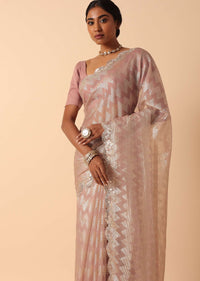 Pink Organza Foil Printed Saree With Unstitched Blouse Fabric