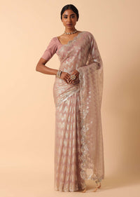 Pink Organza Foil Printed Saree With Unstitched Blouse Fabric