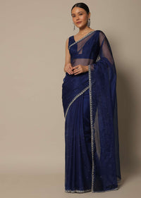 Blue Organza Saree With Stone Work And Unstitched Blouse Piece