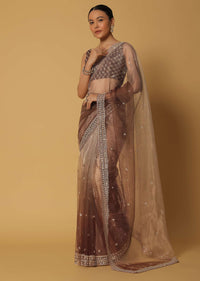 Brown Glass Organza Saree With Sequin Work Pallu And Unstitched Blouse Fabric