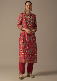 Red Cotton Silk Pant Set With Printed Detail