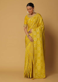 Yellow Satin Saree With Geometric Motifs And Unstitched Blouse Fabric