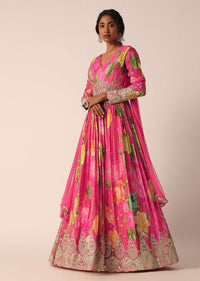 Pink Chiffon Anarkali Set With Embroidered Detail