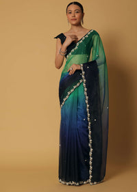 Multicolor Organza Saree With Bead Embellishments And Unstitched Blouse Fabric