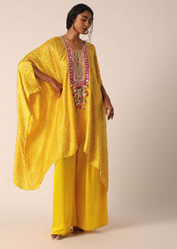 Yellow Silk Pant Set With Bandhani Detail And Mirror Work