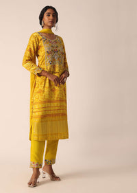 Yellow Silk Pant Set With Printed Motifs