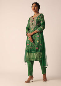 Green Banarasi Bandhani Pant Set With Sequin Embellishments