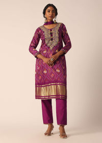 Wine Pant Set In Banarasi With Sequin Work And Bandhani Print