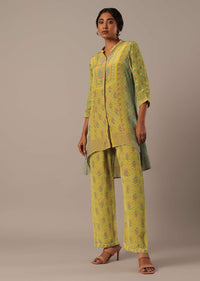 Green Shirt Collar Printed Short Kurta With Pants