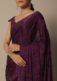 Beautiful Wine Satin Saree With Unstitched Blouse