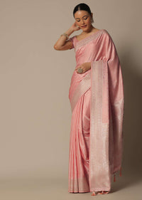 Peach Brocade Silk Saree With Unstitched Blouse Fabric-