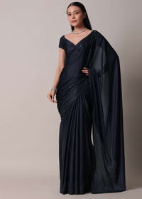 Blue Saree In Satin With Swarovski Embellishments And Unstitched Blouse Piece