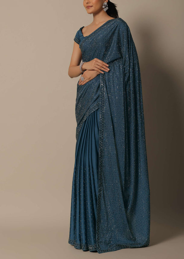 Blue Bliss Satin Saree With Unstitched Blouse