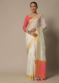 White Brocade Silk Saree With Contrast Check Design Pallu