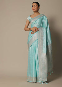 Blue Brocade Silk Saree With Unstitched Blouse Fabric