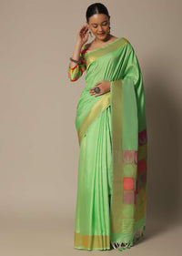 Green Brocade Silk Saree With Contrast Border Pallu