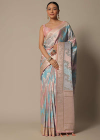 Blue Rangkat Brocade Silk Saree With Unstitched Blouse Fabric