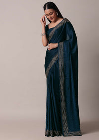 Peacock Blue Saree In Satin With Embellishments And Unstitched Blouse Piece