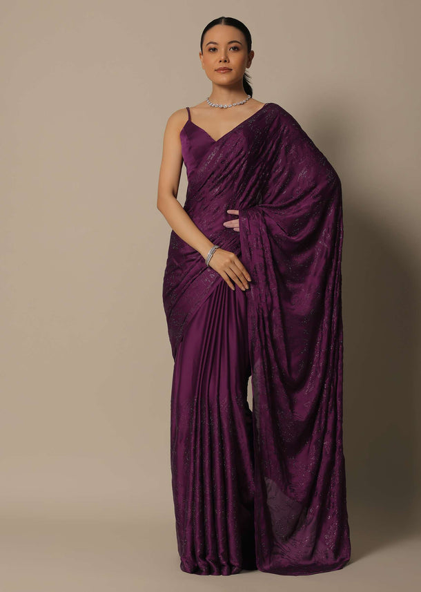 Wine Swarovski Stone Studded Saree With Unstitched Blouse