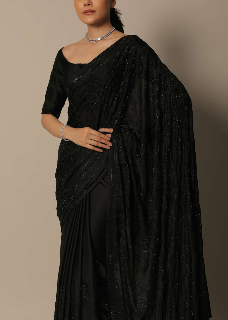 Black Swarovski Stone Studded Saree With Unstitched Blouse