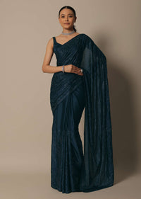 Teal Blue Satin Saree With Unstitched Blouse Fabric