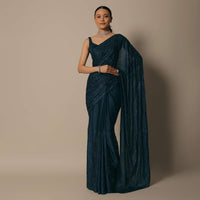 Teal Blue Satin Saree With Unstitched Blouse Fabric
