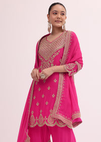 Pink Zari Embroidered Kurta Sharara Set