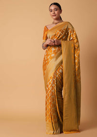 Yellow Satin Organza Saree With Moroccan Style Jaal And Unstitched Blouse Piece