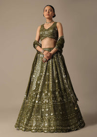 Green Georgette Lehenga Set With Foil Mirror Embroidery