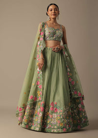 Green Organza Embroidered Lehenga Set With Floral Motifs