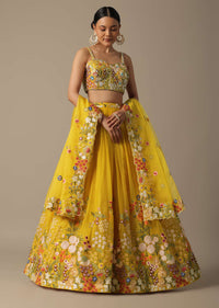 Yellow Organza Lehenga Set With 3D Floral Embroidery