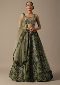 Green Net Lehenga Set With Foil Leather Work