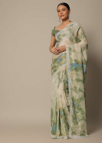 Sea Green Saree In Satin With Shibori Print And Unstitched Blouse Piece