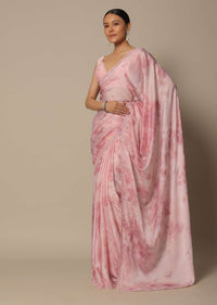 Pink Satin Saree With Shibhori Print And Unstitched Blouse Piece