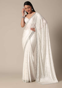 Glamorous White Chinnon Saree With Stone Embellishments