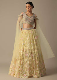 Yellow Net Lehenga Set With 3D Florals