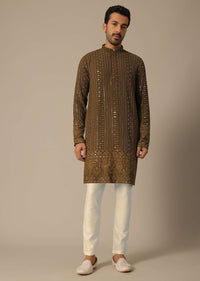 Brown Sequin Embroidered Kurta Set In Georgette