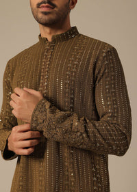 Brown Sequin Embroidered Kurta Set In Georgette