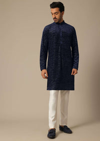 Navy Blue Sequin Embroidered Kurta Set In Silk