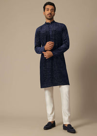 Navy Blue Sequin Embroidered Kurta Set In Silk