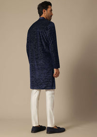 Navy Blue Sequin Embroidered Kurta Set In Silk