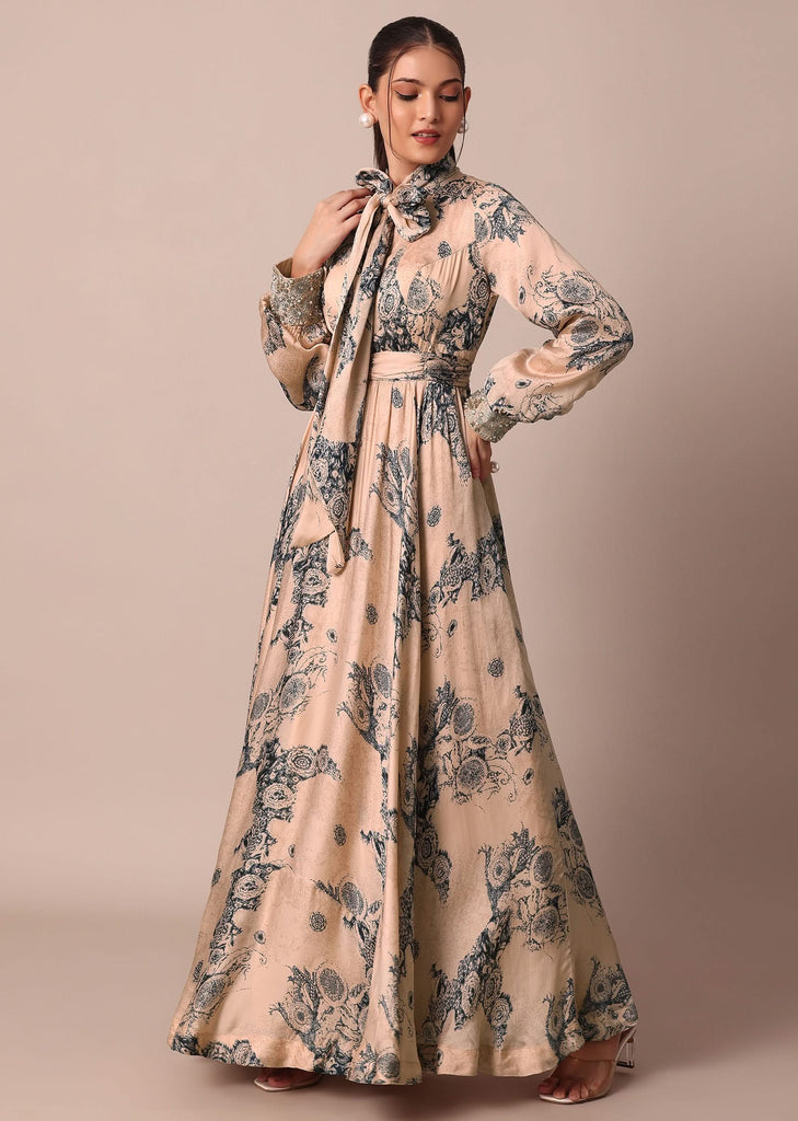 Peach Crepe Printed Indo Gown With Embroidered Sleeves
