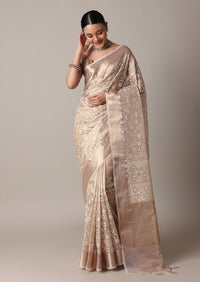 Gold Chanderi Kora Silk Saree With Zari Thread Work And Unstitched Blouse Piece