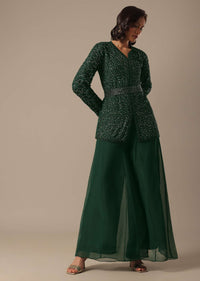 Green Organza Palazzo Set With Short Top And Belt