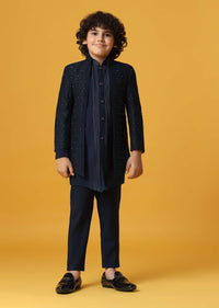 Black Silk Embroidered Sherwani Set for Boys