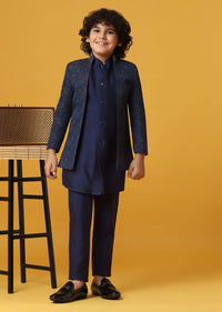 Navy Blue Silk Sherwani Set For Boys