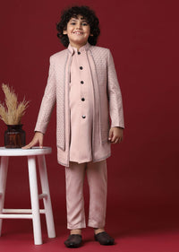 Pink Silk Embroidered Sherwani Set For Boys