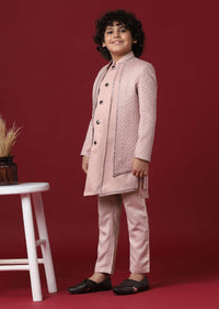 Pink Silk Embroidered Sherwani Set For Boys